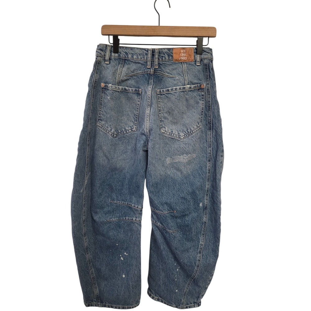 Free People We The Free Good Luck Mid-Rise Barrel Jeans Blue Denim 27 Distressed - Picture 3 of 7